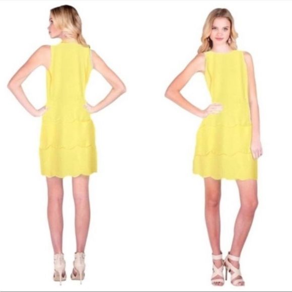 Belle Bradley Mischka Yellow Scallop Tiered Edge Dress 14 - Picture 2 of 5